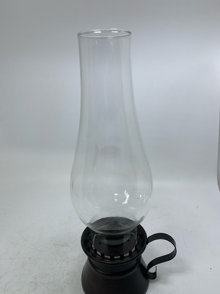 METAL BASE W/ GLASS INSERT OIL LAMP TAPERED CANDLE HOLDER.