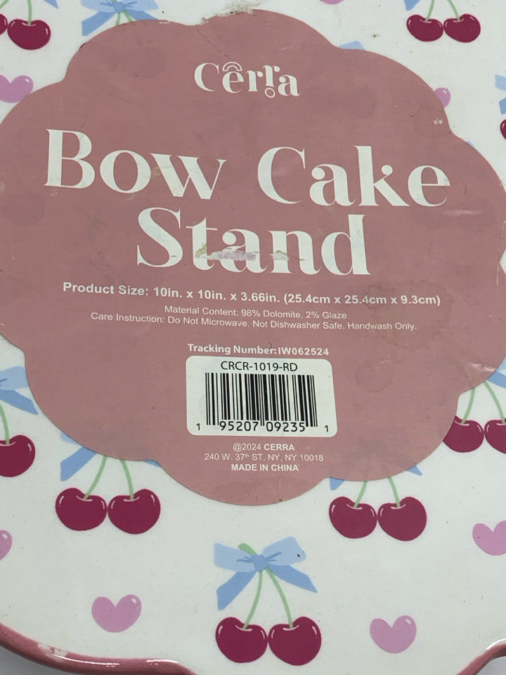 PINK BOW CERAMIC CAKE STAND W/GLASS DOME.