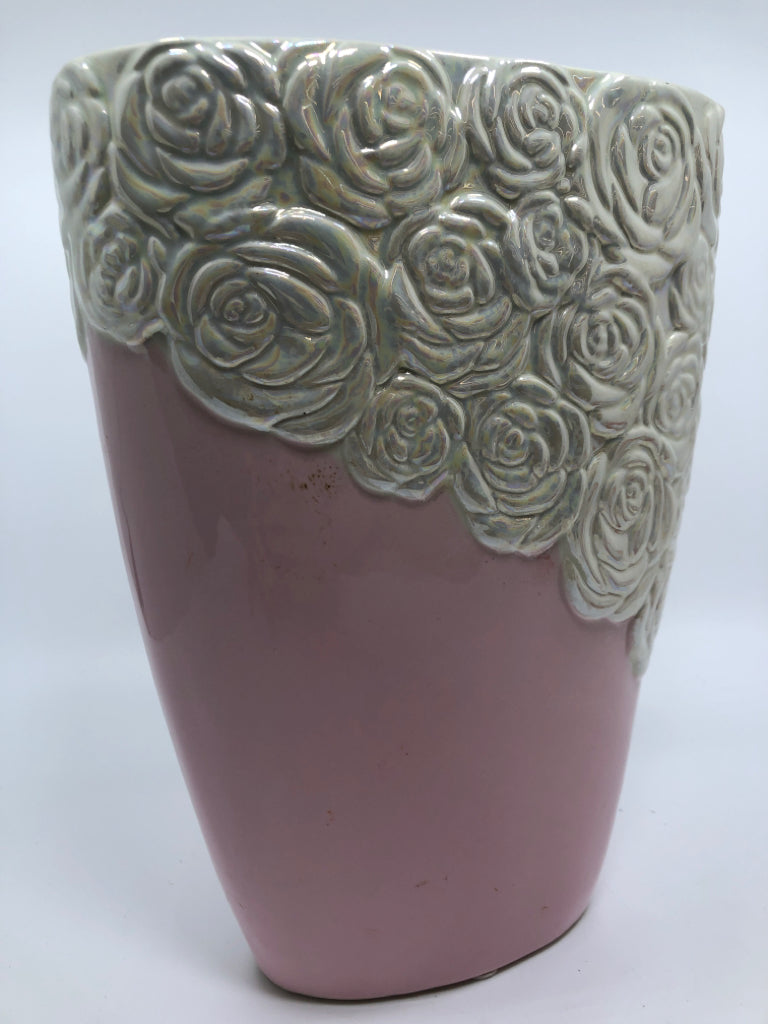 PINK VASE W/WHITE IRIDESCENT EMBOSSED FLOWERS.
