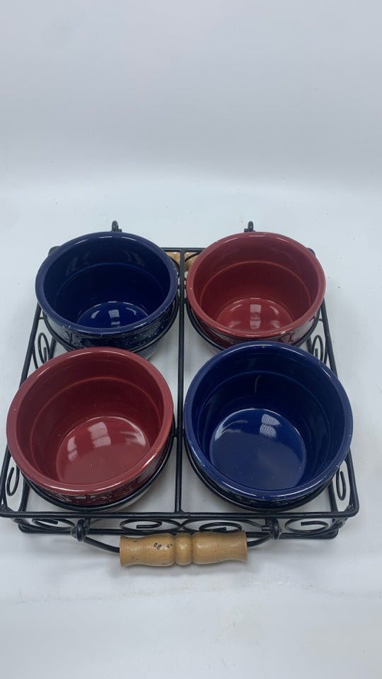 5PC SPECKLED CERAMIC RAMEKINS IN METAL CADDY.