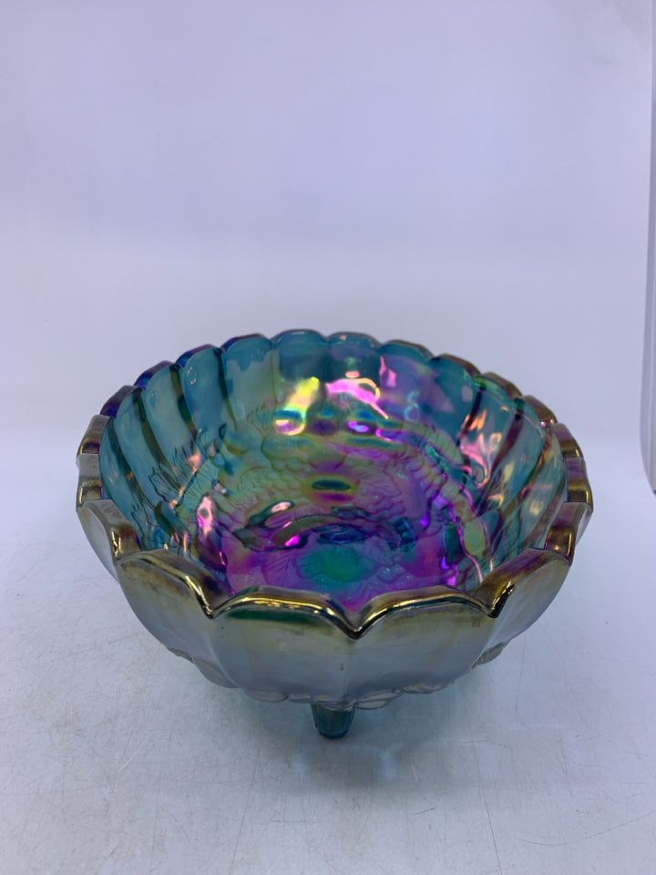 VTG FOOTED IRIDESCENT CARNIVAL GLASS OVAL CENTERPIECE BOWL W/ EMBOSSED GRAPES.