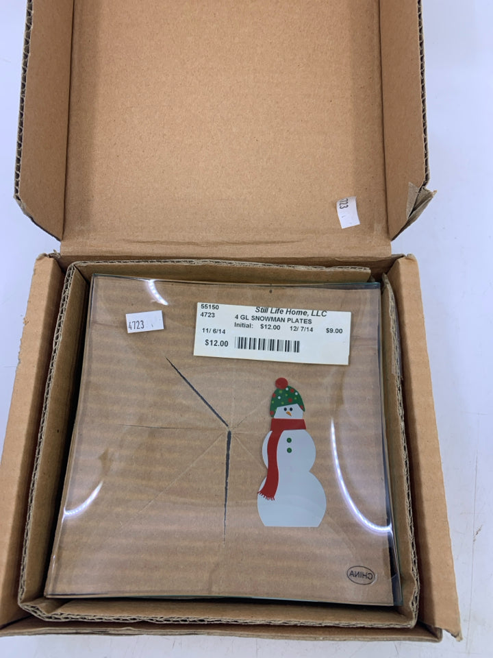 NIB PAMPERED CHEF 4 GLASS SNOWMAN APPETIZER PLATES.