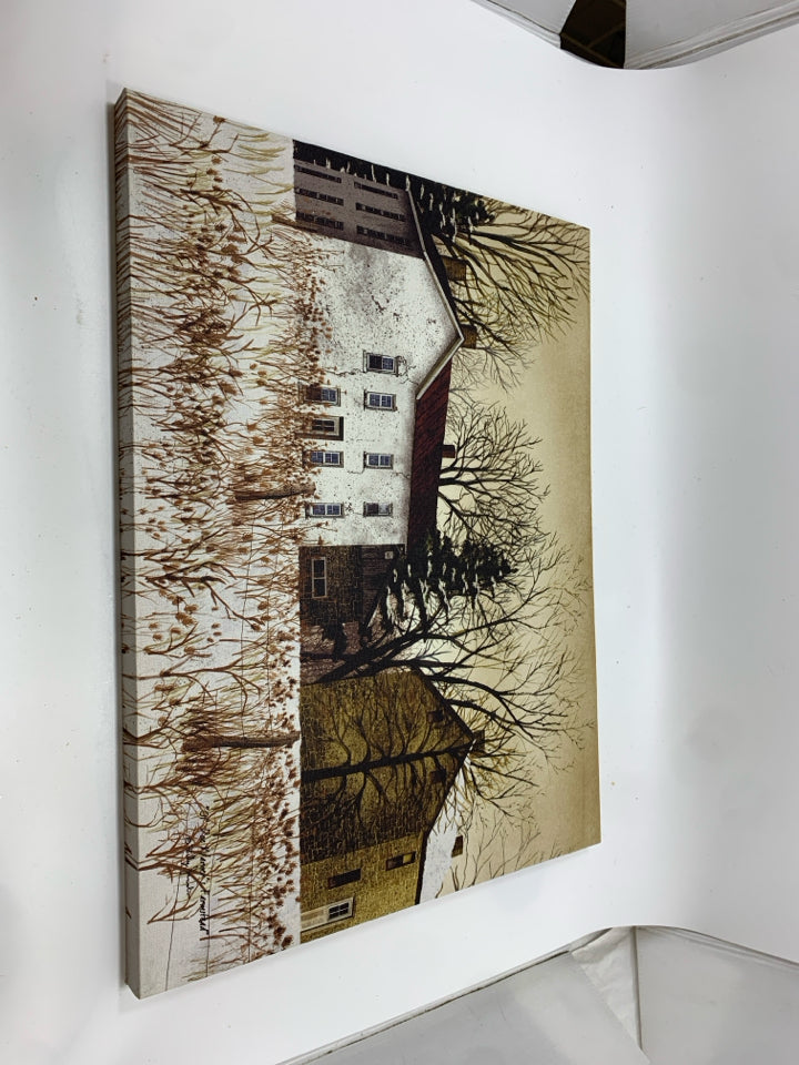 PRIMITIVE STYLE CANVAS W/ HOUSES BEAR TREES AND SNOW ON THE GROUND.