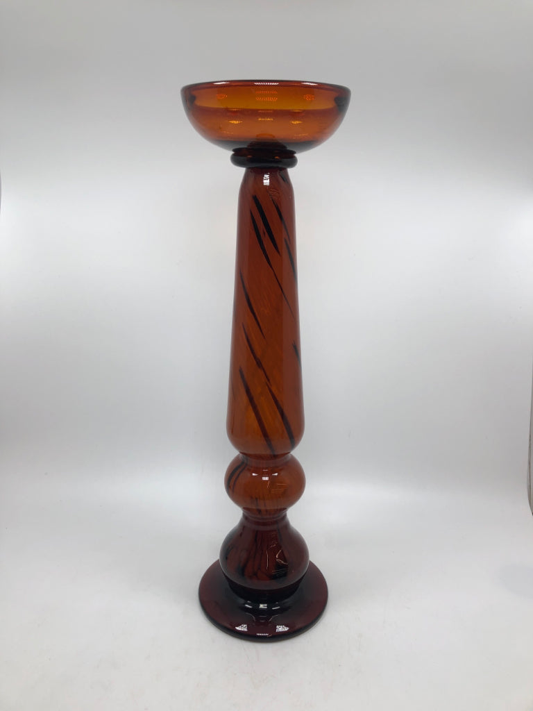 ORANGE BLOWN GLASS CANDLE HOLDER.