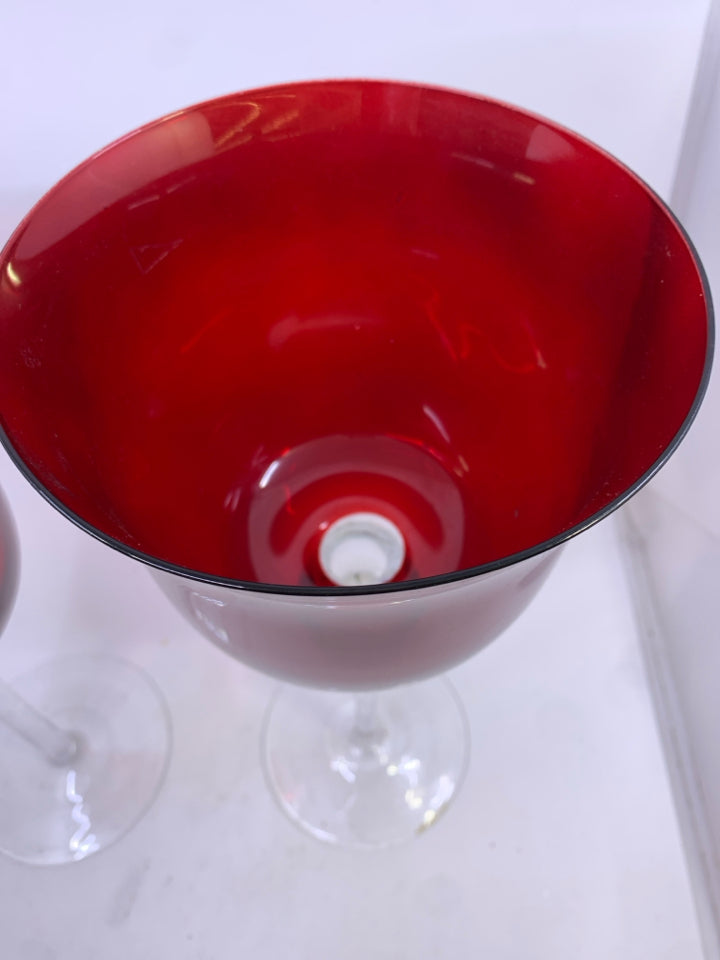 2 CLEAR GLASS STEM W/ RED GLASS TOP CANDLE HOLDERS.