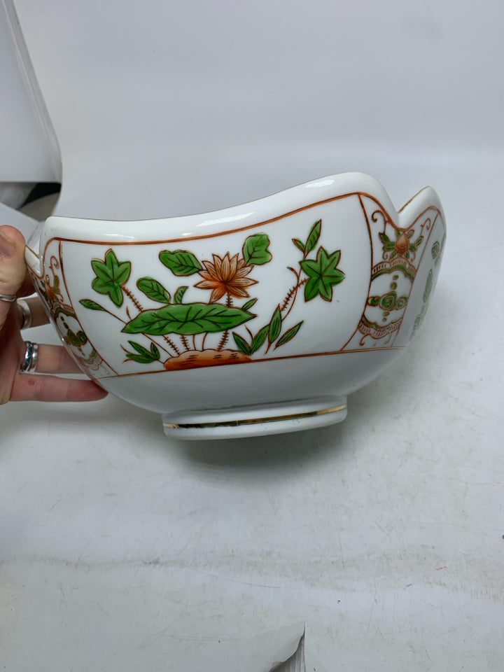 GREEN LEAVES ORANGE FLOWERS CRANE MOTIFS W/ GOLD TRIM.