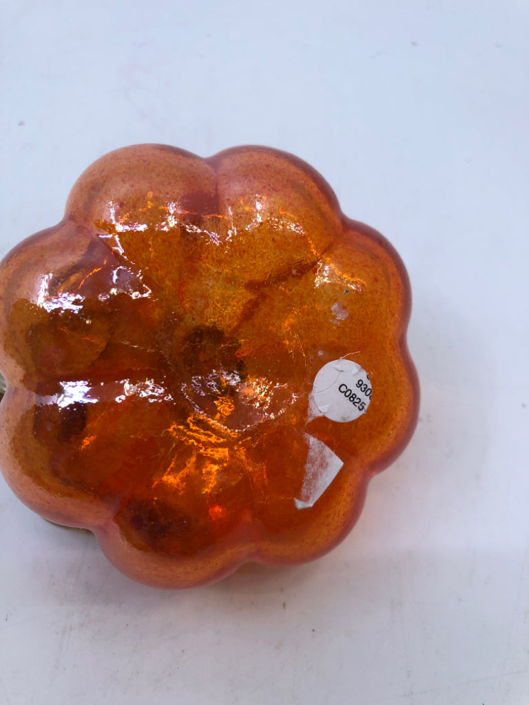 ORANGE IRIDESCENT BLOWN GLASS PUMPKIN.