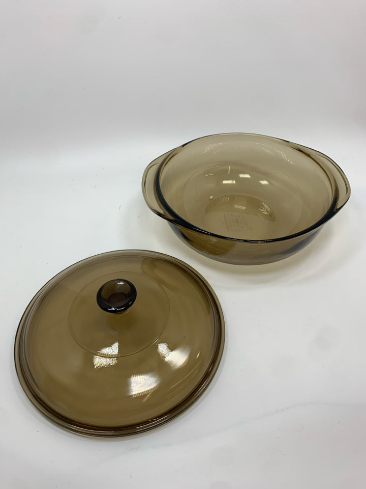 SMOKED GLASS COVERED CASSEROLE DISH - PYREX.