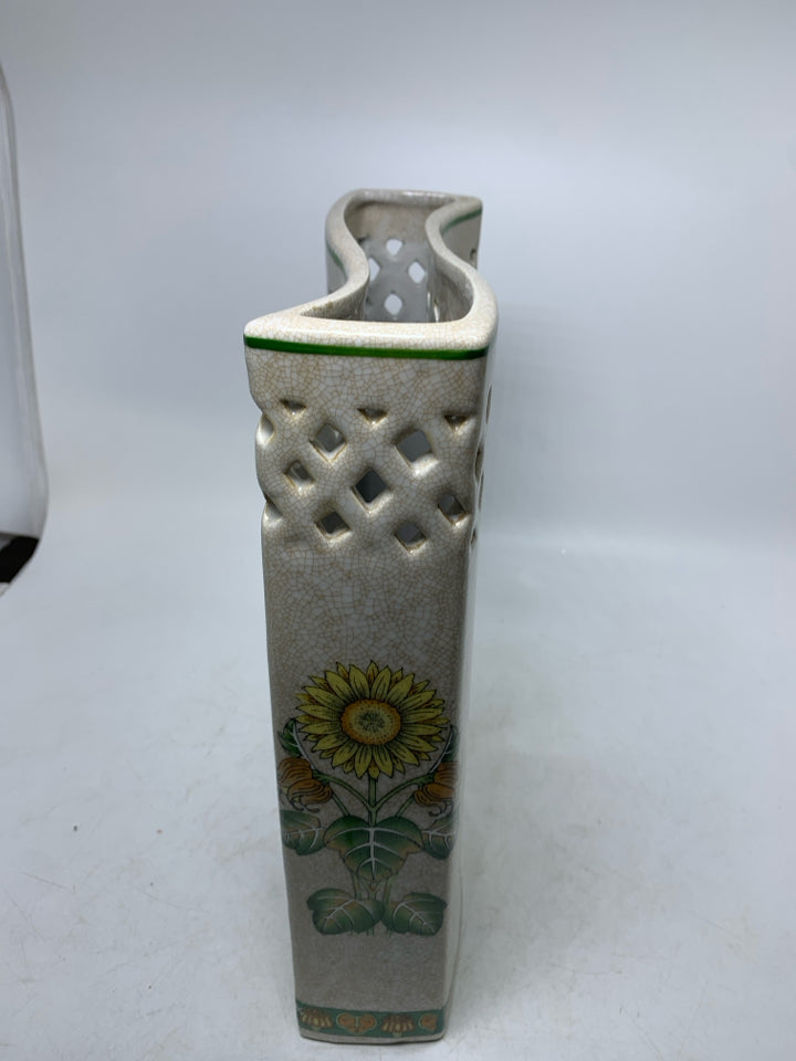 CRACKLE DETAILED NARROW VASE W/ PRINTED SUNFLOWERS PIERCED TOP.