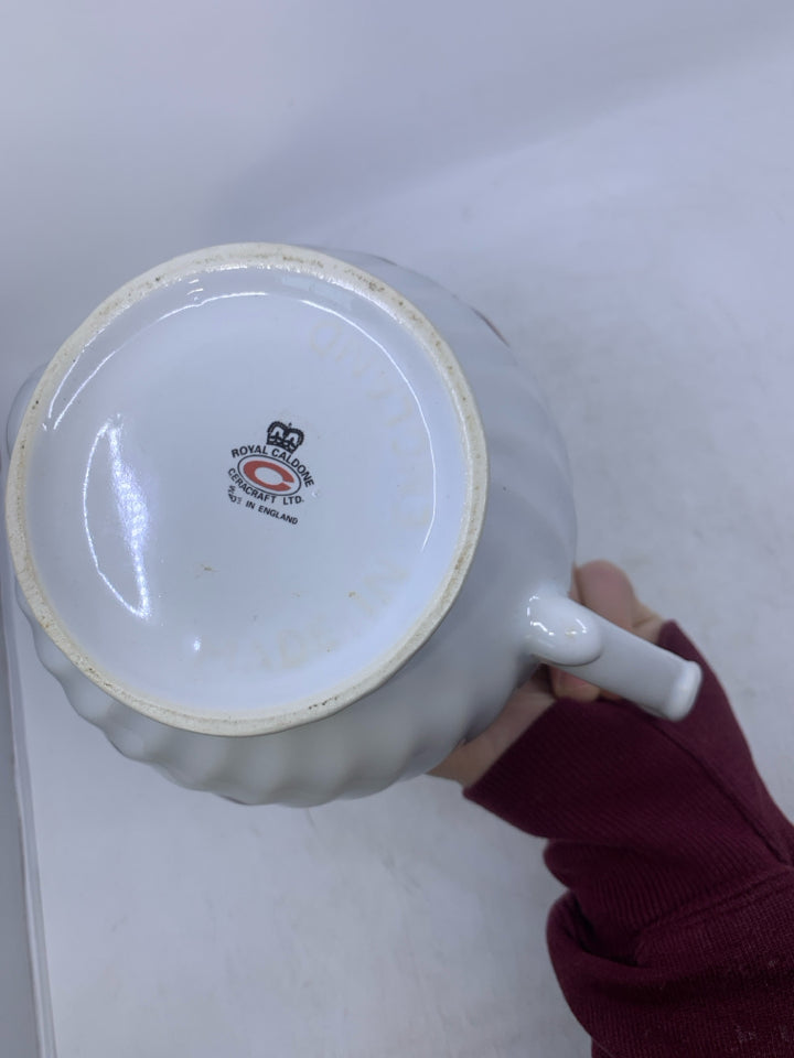 WHITE W/ PRINTED CHERRIES GOLD DETAILS MADE IN ENGLAND.