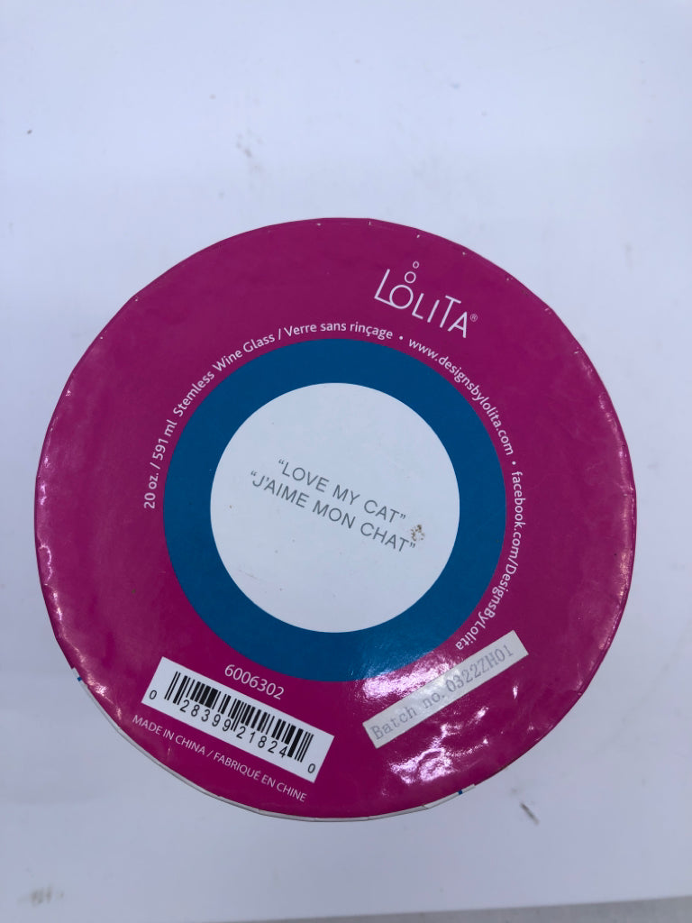 NIB LOLITA LOVE MY CAT STEMLESS WINE GLASS.