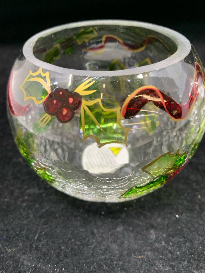 2 CLEAR CRACKLE GLASS VOTIVE CANDLE HOLDERS HOLLY AND RIBBON.