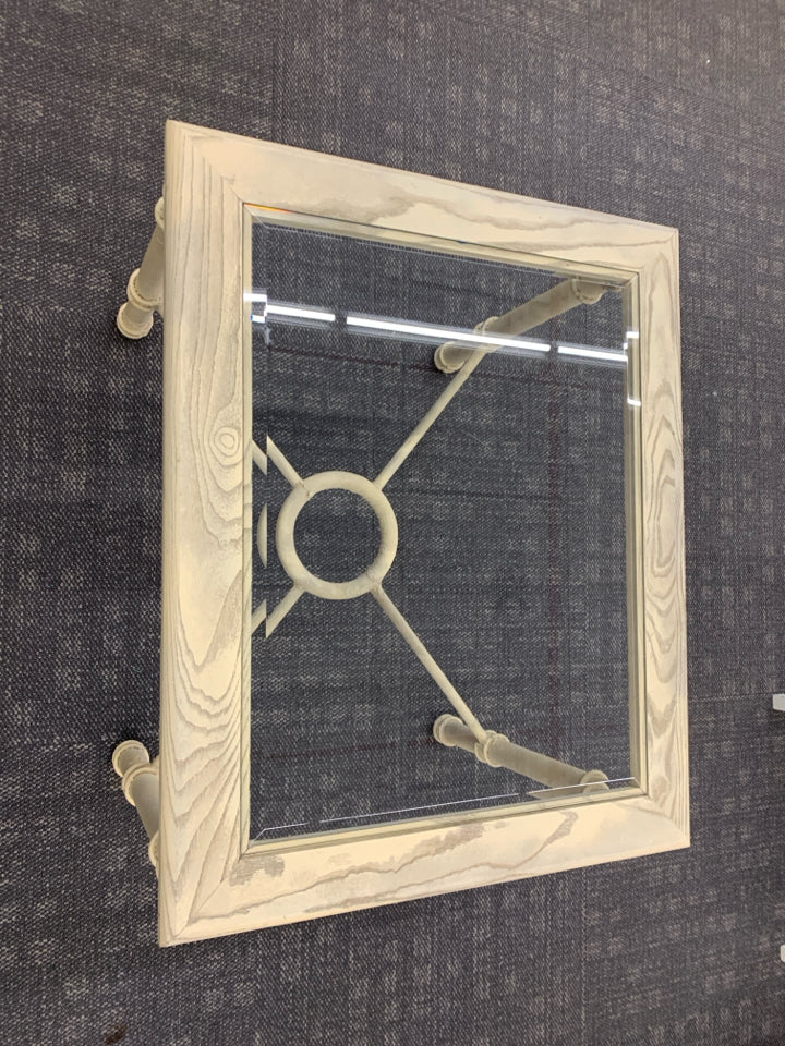 TAN WOODEN SIDE TABLE W/GLASS TOP.