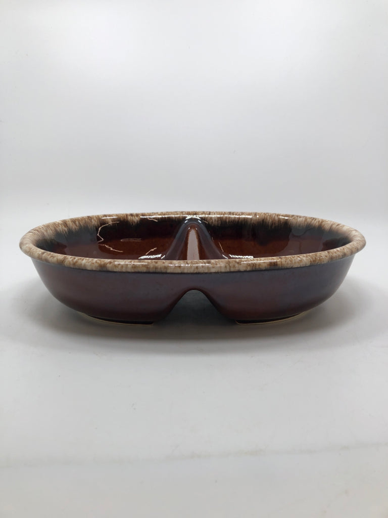 VTG DIVIDED BROWN DRIP GLAZE BOWL.