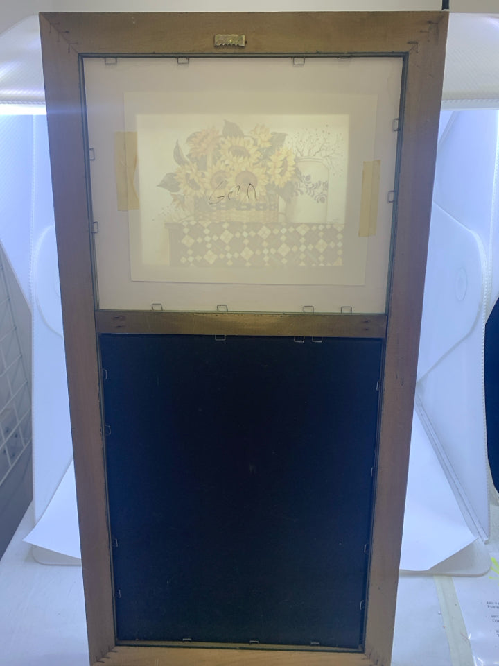 GREEN WOOD MIRROR W/ SUNFLOWERS IN BASKET WALL HANGING.