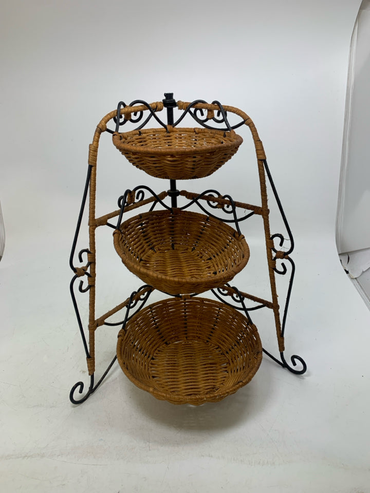 3 TIER REMOVABLE BASKETS ON CORNER STAND.