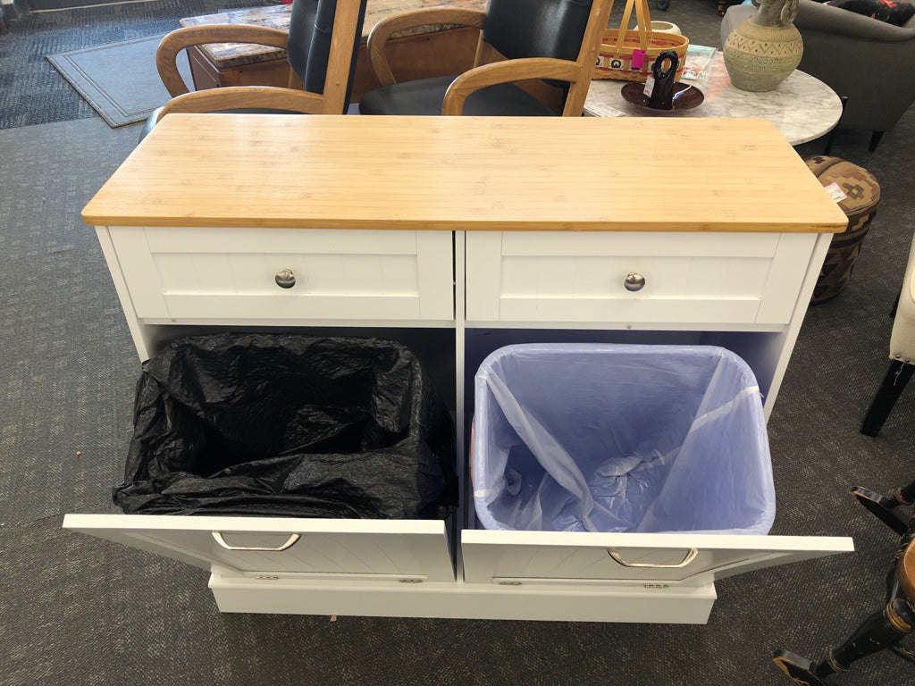 WHITE HIDDEN TRASH CABINET W WOOD TOP & 2 DRAWERS.