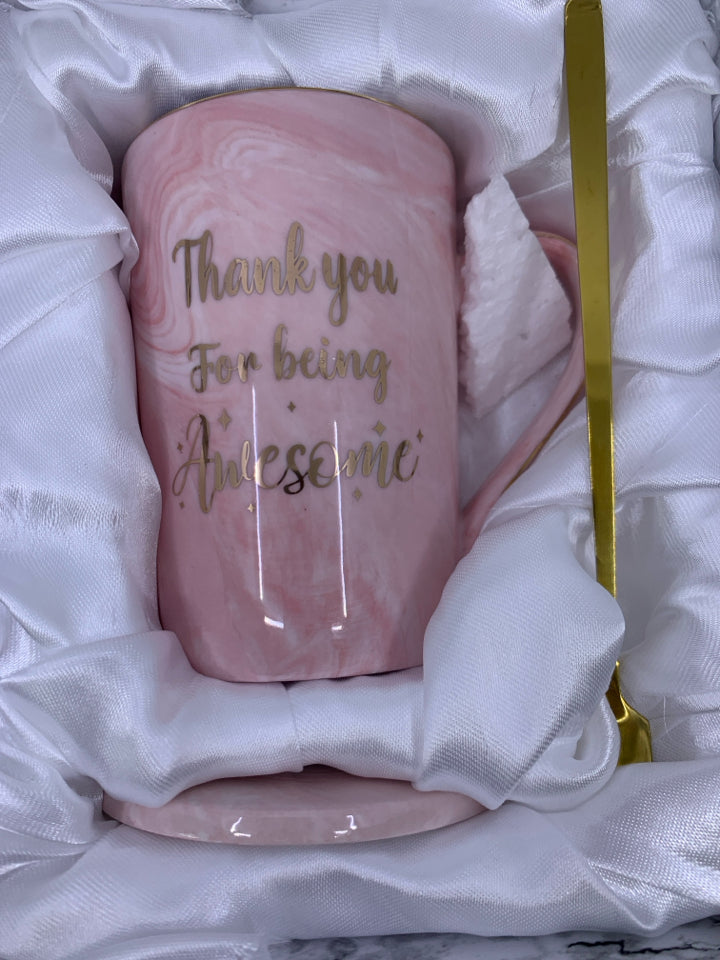 NIB PINK MARBLE LOOK CERAMIC THANK YOU FOR MUG.