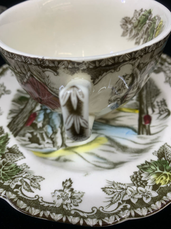 8 PC SVC 4 VTG RED BARN SCENE TEA CUPS JOHNSON BROS.