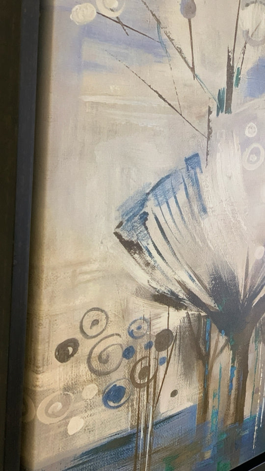 BROWN TEAL ABSTRACT CANVAS IN BLACK WOOD FRAME.