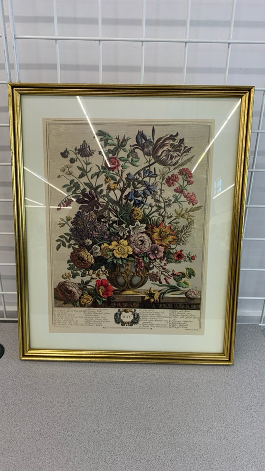 MAY FLORAL BOUQUET PRINT IN GOLD FRAME.