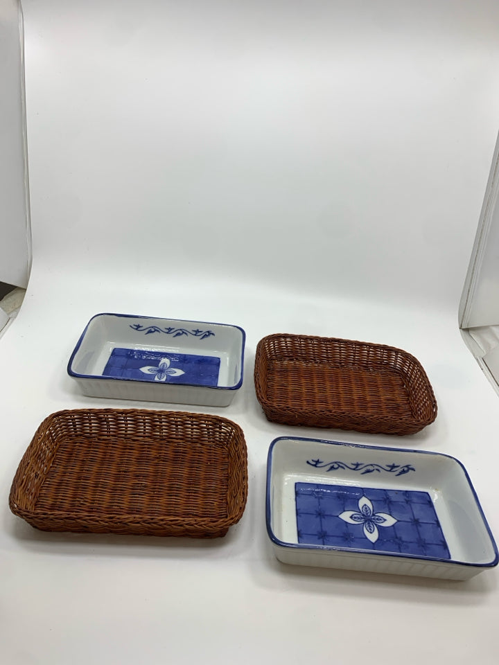 2 SM BLUE PAINTED SERVING DISHES IN WICKER BASKET.