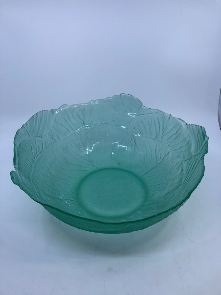 GREEN GLASS CABBAGE SERVING BOWL.