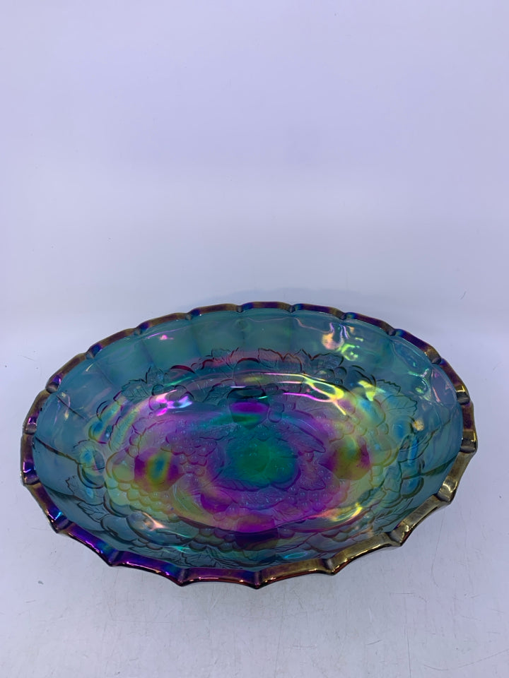 VTG FOOTED IRIDESCENT CARNIVAL GLASS OVAL CENTERPIECE BOWL W/ EMBOSSED GRAPES.