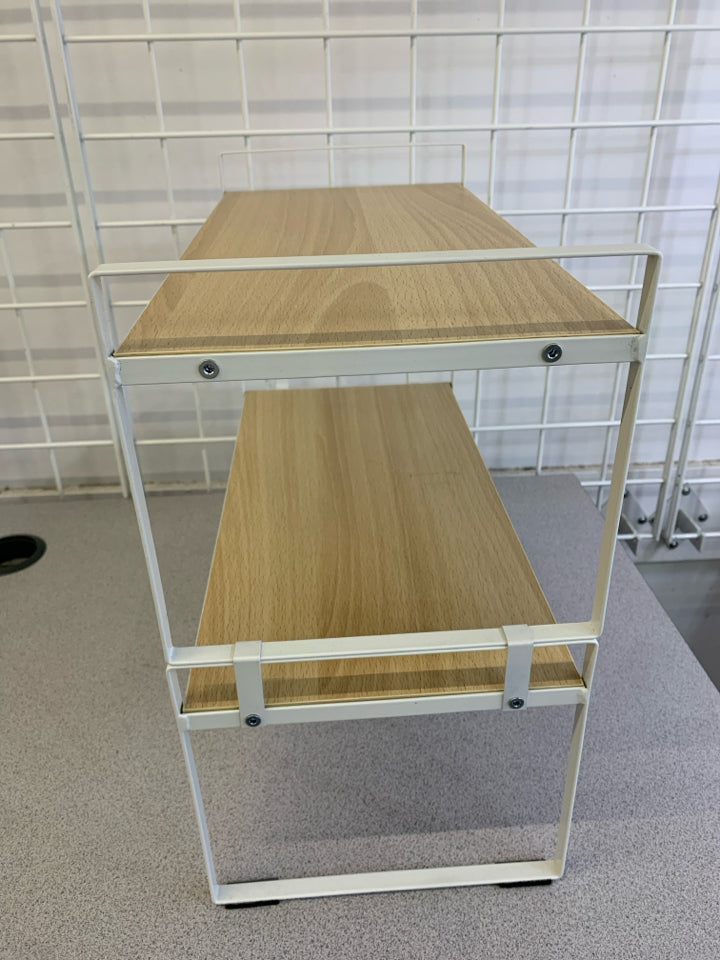 2 TIER WHITE METAL AND WOOD SHELF.