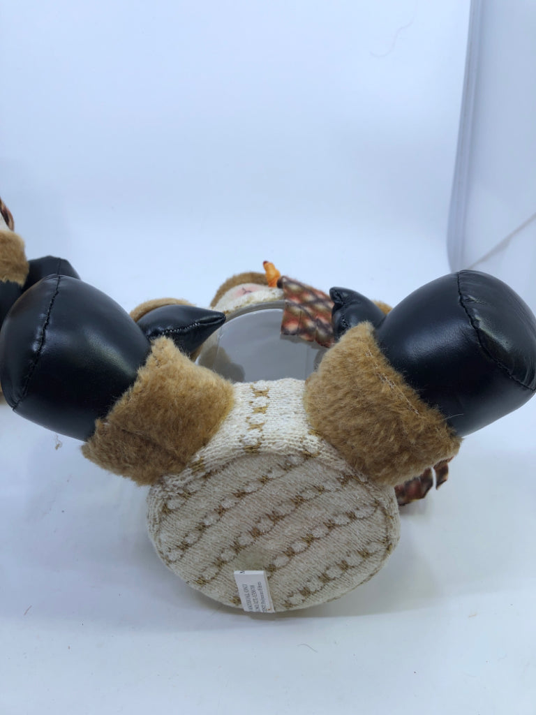 2 PC PLUSH SNOWMAN SITTING CANISTERS W/ PLAID SCARF+HAT.