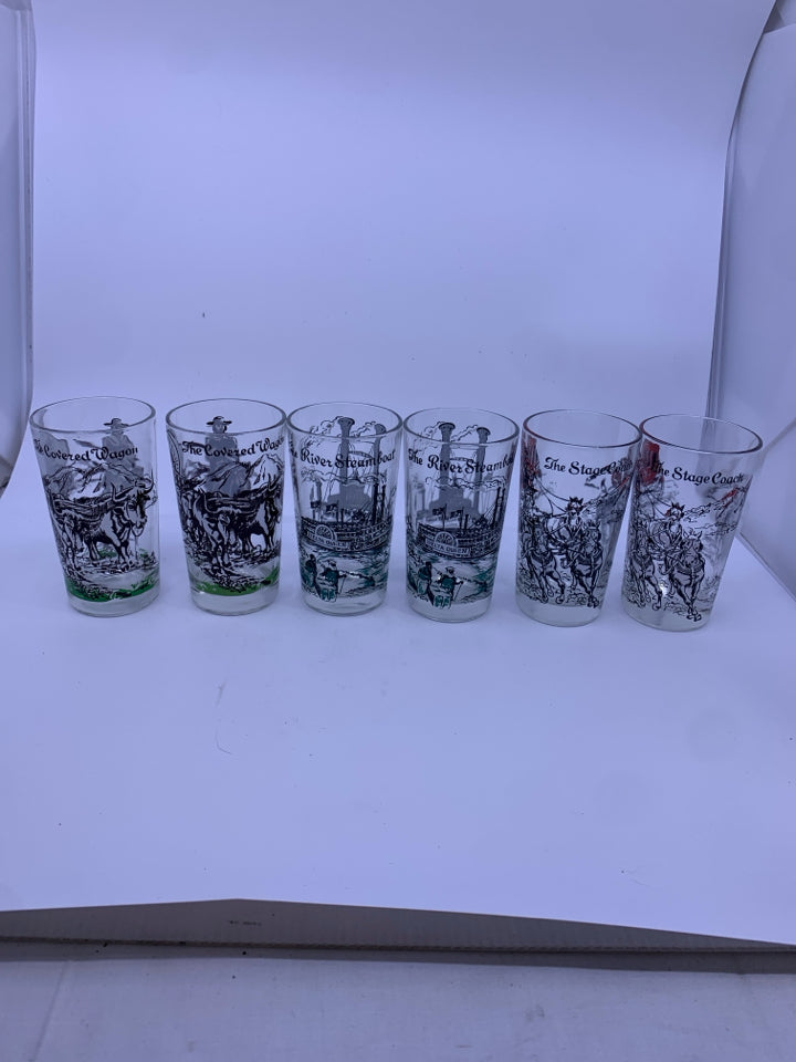 6 VTG TUMBLER GLASSES W SCENES IN GOLD METAL CARRIER.