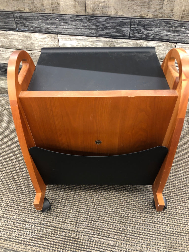 BLACK 3 TIER BOOKCASE ORGANIZER ON WHEELS.
