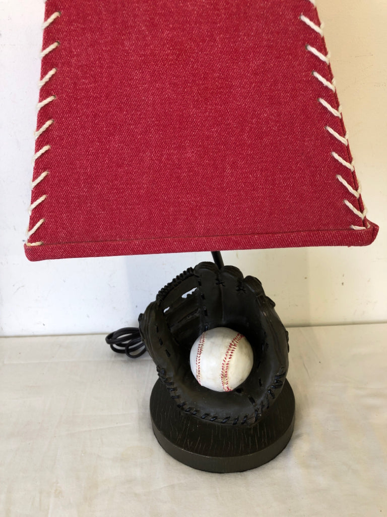 BASEBALL LAMP W RED SHADE.