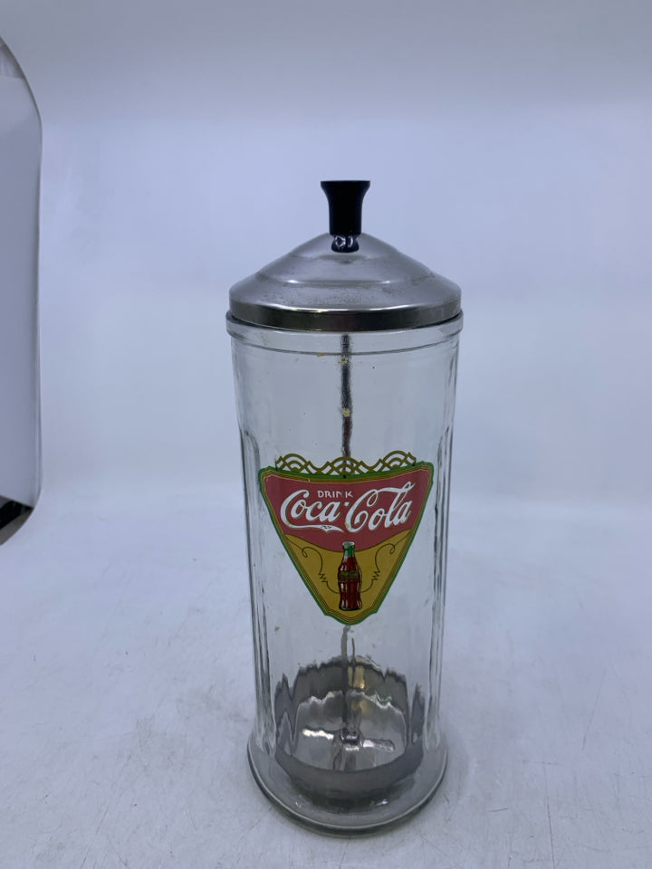 VTG GLASS COCA COLA W/ METAL LID AND PULL UP.