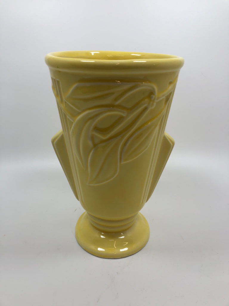 VTG YELLOW POTTERY VASE FLORAL EMBOSSED.