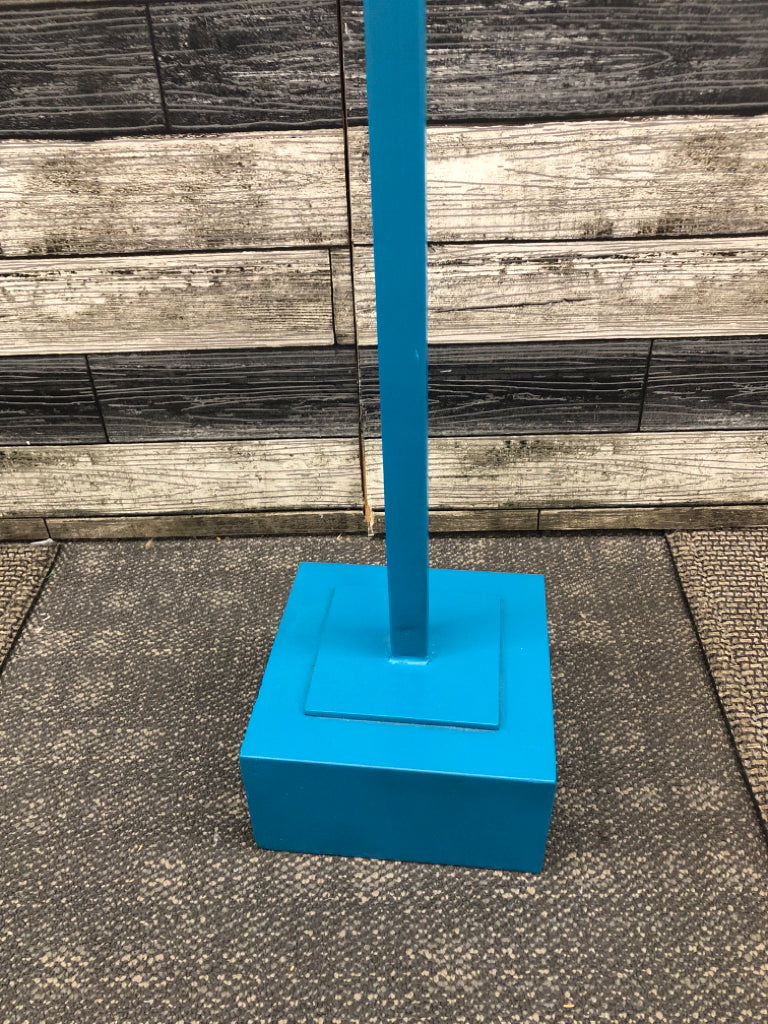 TALL BLUE SQUARE BASE CANDLE HOLDER W/CLEAR GLASS TOP.
