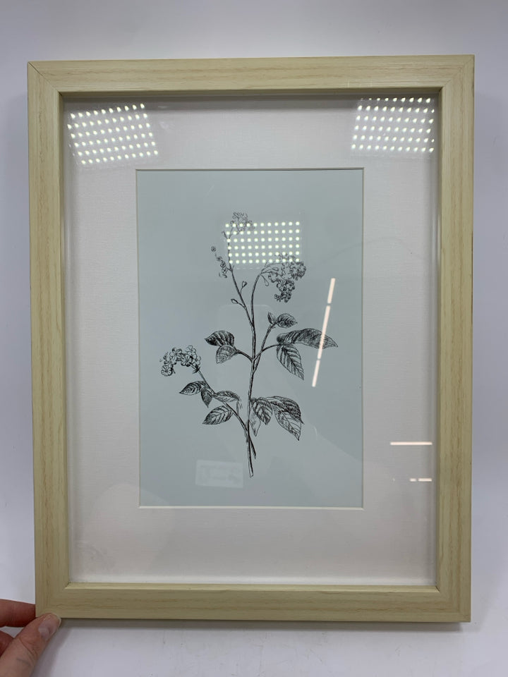 PALE BLUE FLORAL PRINT IN WOOD FRAME.