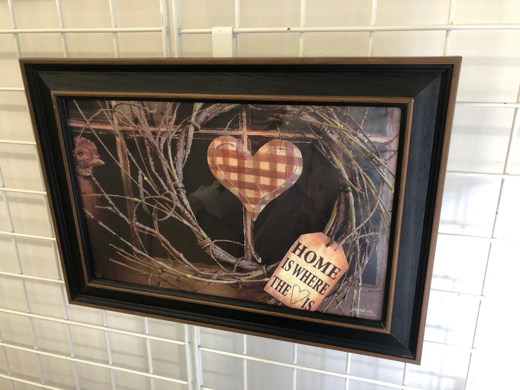 HOME IS WHERE THE HEART IS PRIMITIVE PHOTO IN DK WOOD FRAME.