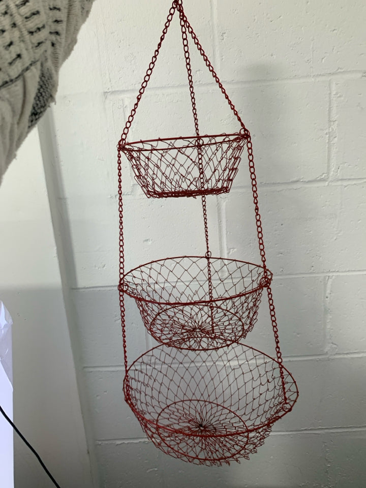3 TIER RED METAL COLLAPSIBLE HANGING FRUIT BASKET.