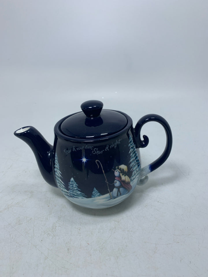 NIGHT SCENE SNOWMAN TRAVELING W/ SHEEP SMALL NAVY TEAPOT.