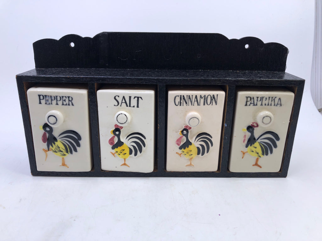 VTG WOODEN SPICE RACK W CERAMIC CONTAINERS.