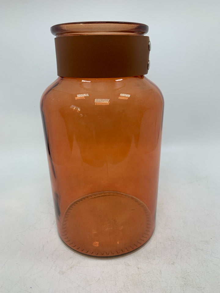 TALL GLASS VASE WITH FAUX LEATHER TRIM.