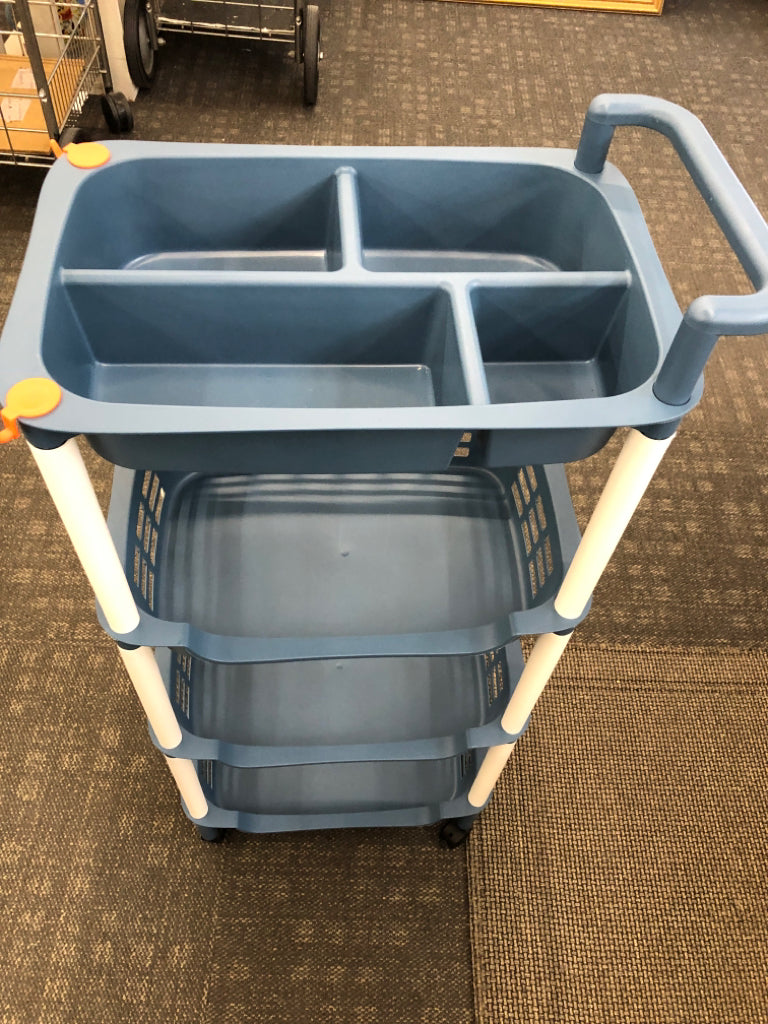BLUE MULTI-TIER PLASTIC ROLLING CART W/ORANGE HOOKS.