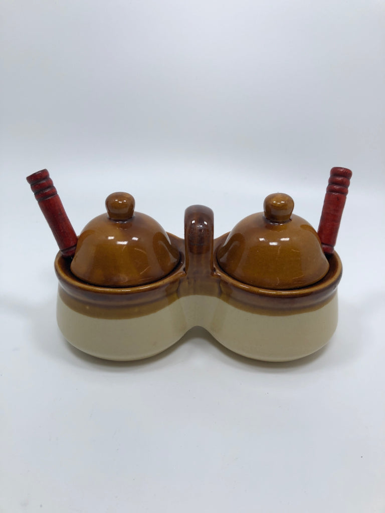 VTG GLAZED STONEWARE DOUBLE CONDIMENT SERVER W/ LIDS & SPOONS.