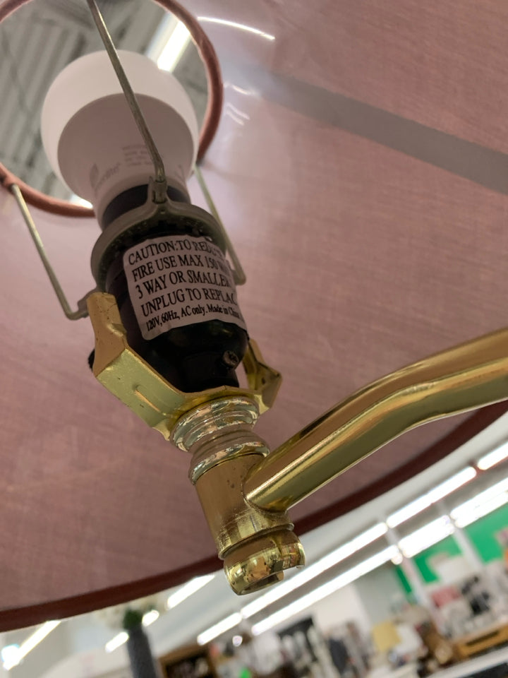 SWING ARM FLOOR LAMP WITH FABRIC SHADE.