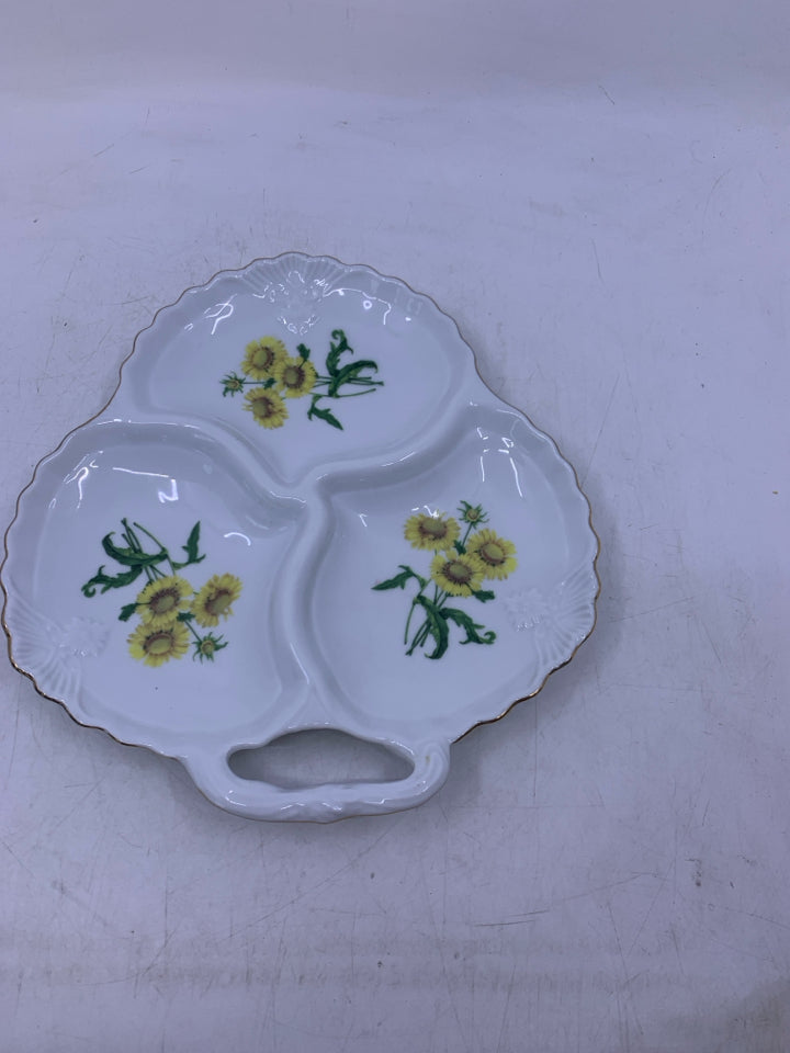 WHITE DIVIDED PLATTER W/ SUNFLOWERS.