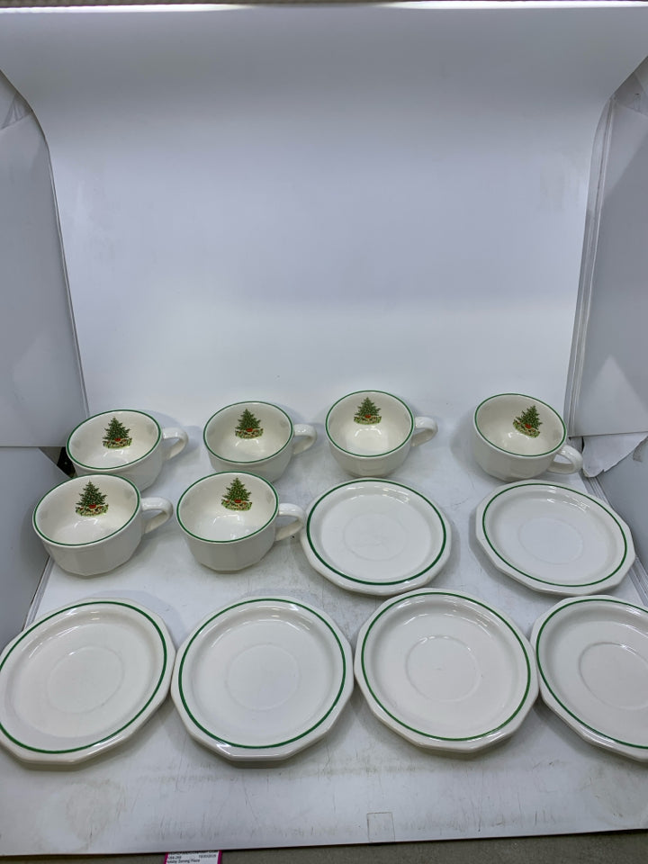 12 PC CHRISTMAS TREE TEACUPS SAUCER.