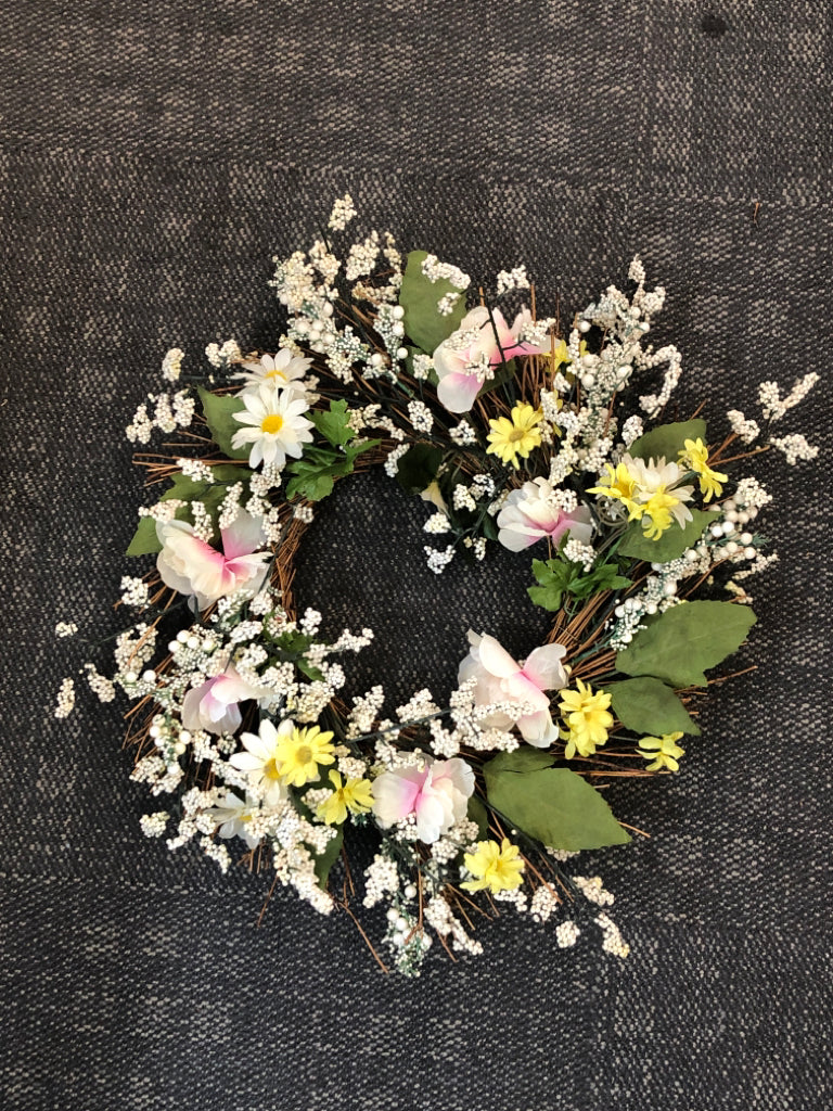FAUX PINK/YELLOW FLORAL WREATH.