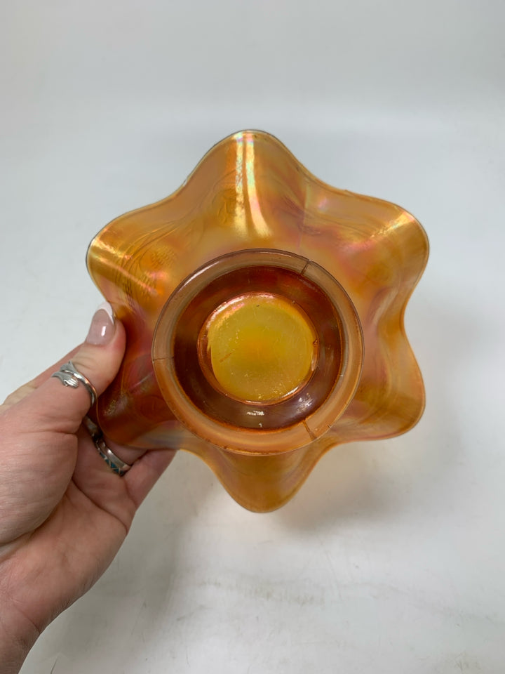 VTG CARNIVAL GLASS MARIGOLD SMALL RUFFLED EDGE DISH W/ EMBOSSED BERRIES LEAVES.