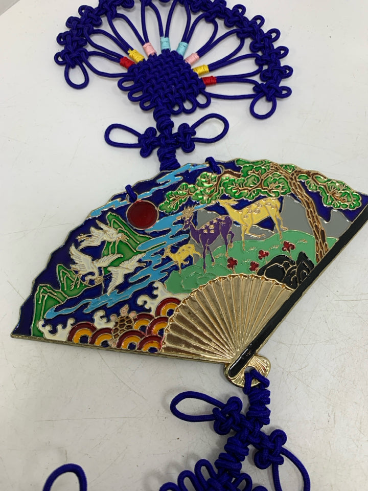 ASIAN STYLE METAL FAN W/ SCENE BRAIDED ROPE.